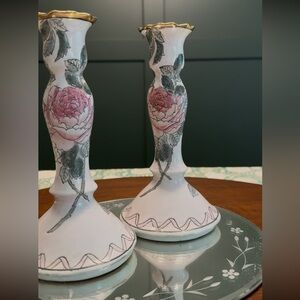 Vintage Famille Rose Candlesticks- pair